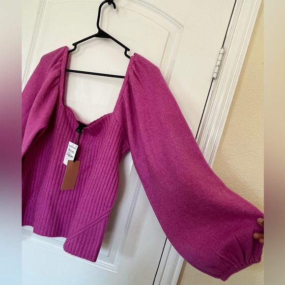 Halogen Puff Sleeve Ribbed Sweater Wool Blend square neck pink Sz: L NWT - Picture 4 of 11